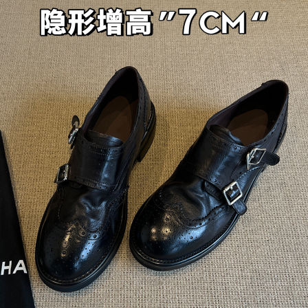 牛皮~英伦风粗跟乐福鞋女新款7cm内增高双扣带黑色小皮鞋百搭单鞋