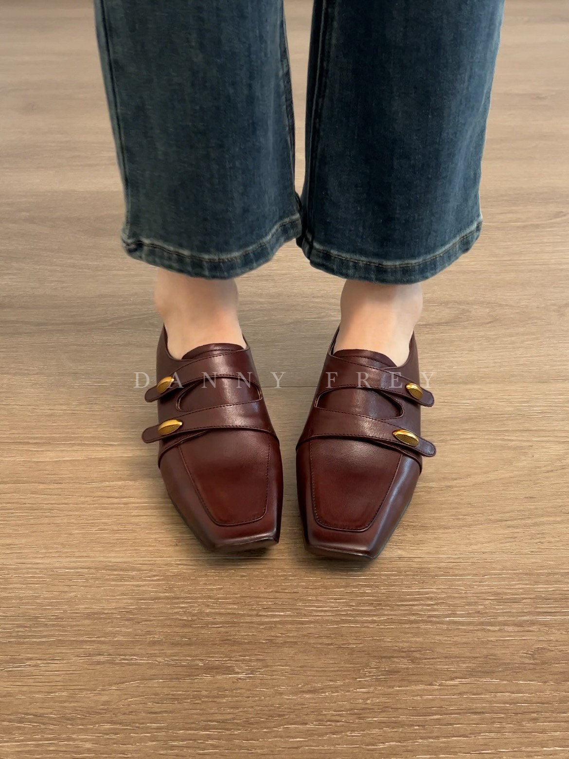 Dannyfrey早春英伦老钱风方头乐福鞋女牛皮铆钉设计百搭小众皮鞋主图
