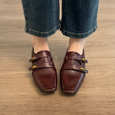 Dannyfrey早春英伦老钱风方头乐福鞋女牛皮铆钉设计百搭小众皮鞋