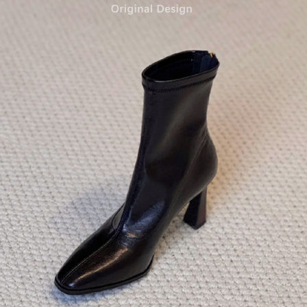 水晶羊皮~高跟鞋女气质高级不累脚~细跟瘦瘦靴复古黑色洋气小短靴