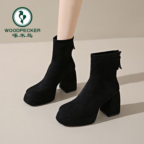 啄木鸟粗跟马丁靴女2025秋冬新款短筒靴绒面小个子增高9公分靴子主图