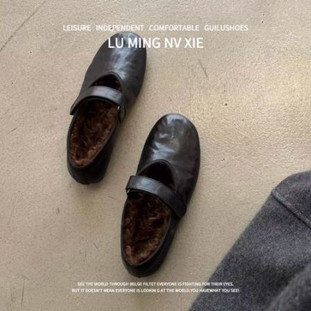 羊皮版~2025秋冬新款法式芭蕾风平底圆头简约魔术贴加绒浅口单鞋