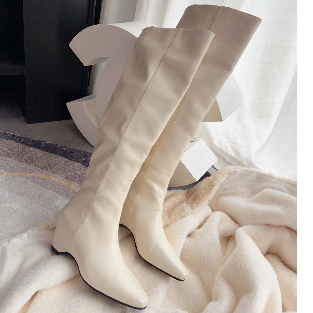 【5公分】2025秋冬新款百搭纯色小T头直筒坡跟长筒靴主图