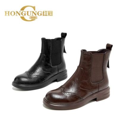 加绒 | 红冠短靴布洛克雕花弹力烟筒靴百搭瘦瘦马丁靴8628英伦风