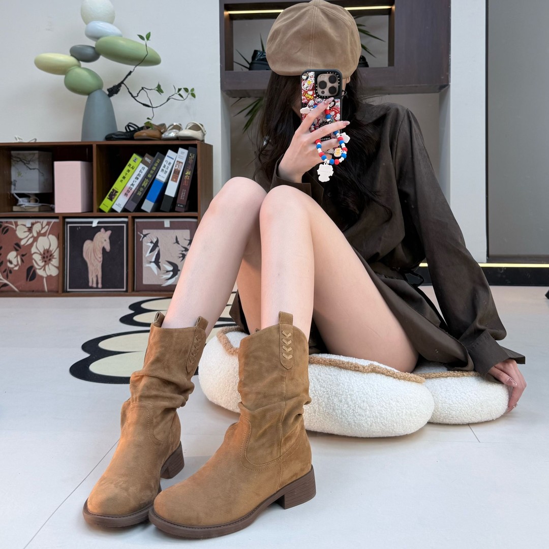 复古粗跟切尔西靴中筒套褶皱瘦瘦靴圆头美拉德短靴主图