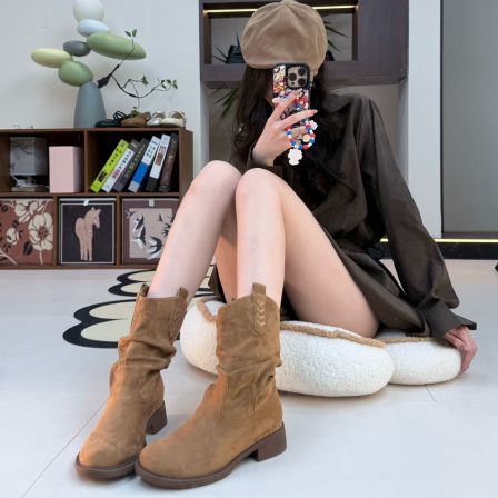 复古粗跟切尔西靴中筒套褶皱瘦瘦靴圆头美拉德短靴