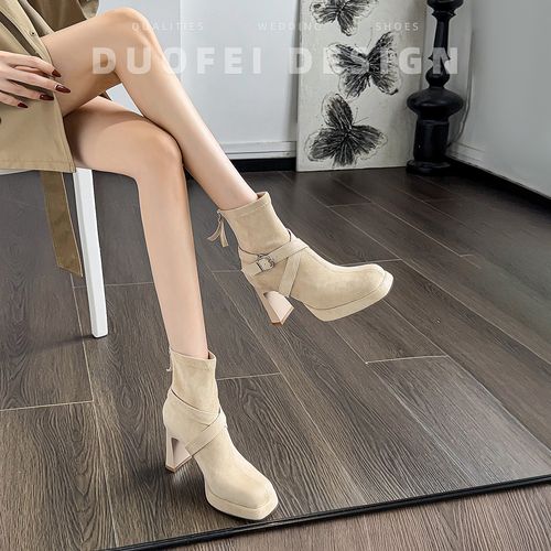 防水台高跟靴子女冬季2025新款厚底粗跟绒面瘦瘦靴气质高跟鞋短靴主图