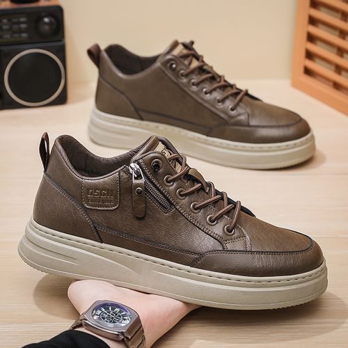 冬季新款中帮板鞋男百搭加绒高帮运动休闲鞋皮面软底鞋子男韩版主图