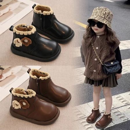 ABC女童靴子2025秋冬儿童鞋子女宝公主短靴小皮鞋冬季加绒马丁靴