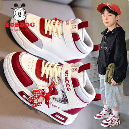 巴布豆男童鞋子2026新款春季潮牌儿童红色运动鞋板鞋男孩加绒棉鞋