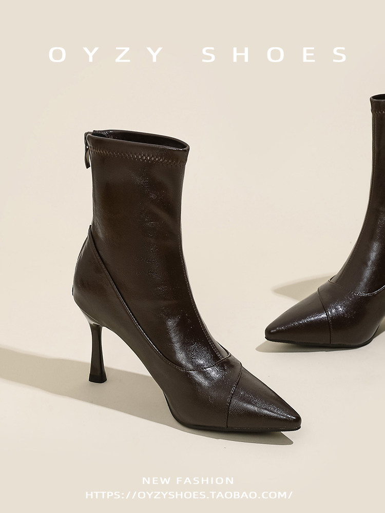 韩版尖头高跟瘦瘦靴女冬季棕色细跟后拉链软皮短靴时装靴拼接气质主图