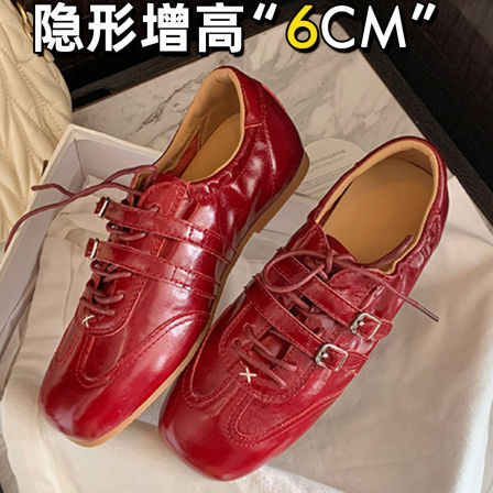 真皮~6cm内增高红色芭蕾德训鞋女2026新款厚底休闲运动复古阿甘鞋