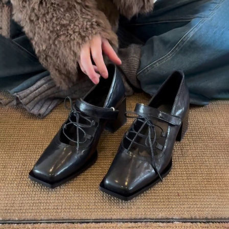 羊皮版~方头复古绑带粗跟玛丽珍鞋女浅口气质法式魔术贴芭蕾单鞋