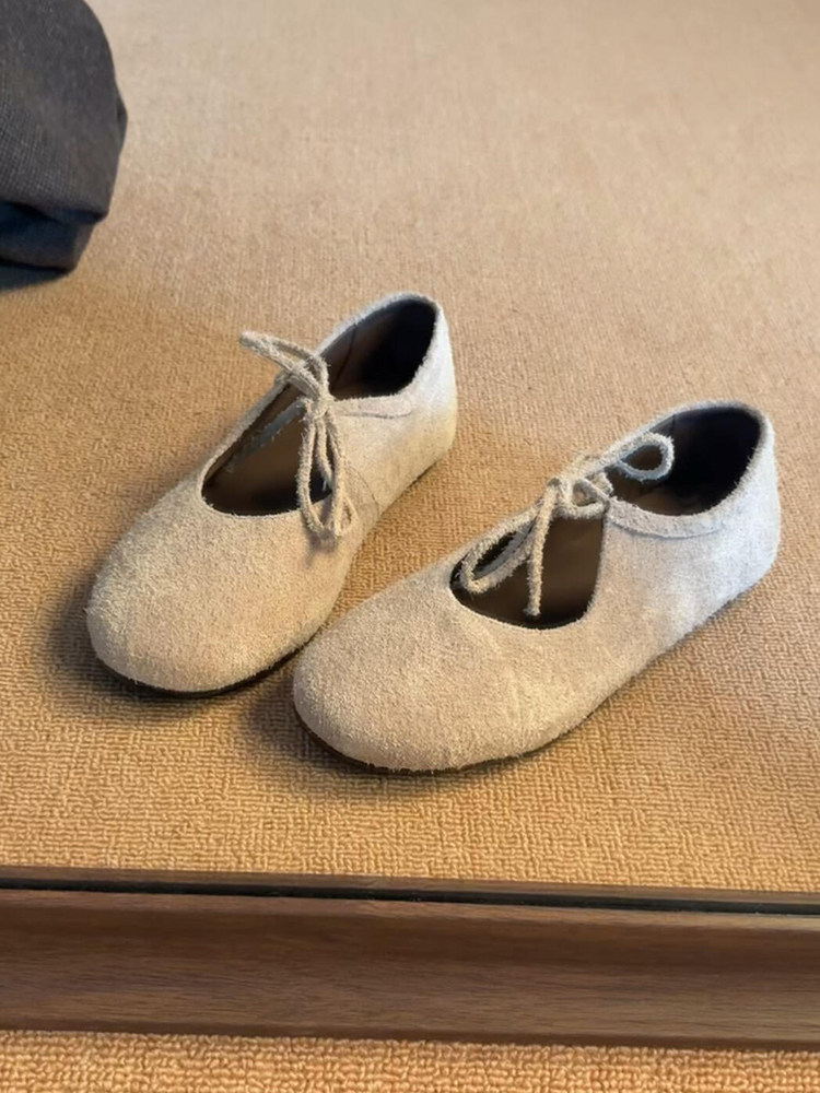 羊皮版~百搭复古麂皮系带圆头玛丽珍鞋简约休闲平底单鞋外穿春季主图