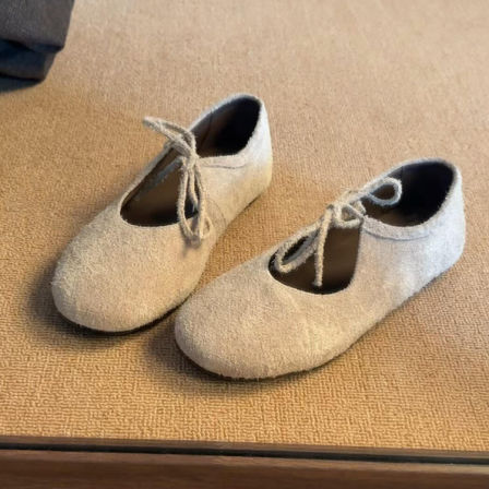 羊皮版~百搭复古麂皮系带圆头玛丽珍鞋简约休闲平底单鞋外穿春季