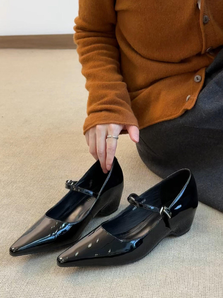 羊皮版~通勤优雅气质尖头显瘦一字带浅口玛丽珍鞋女法式时装单鞋主图