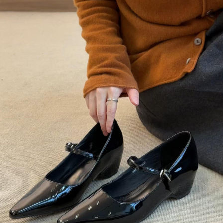 羊皮版~通勤优雅气质尖头显瘦一字带浅口玛丽珍鞋女法式时装单鞋