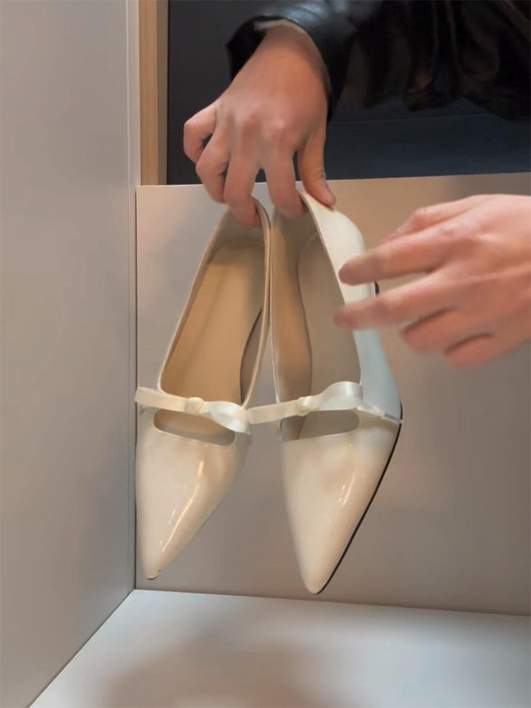 羊皮版~法式漆皮尖头坡跟单鞋女蝴蝶结温柔软底一脚蹬时尚高跟鞋主图