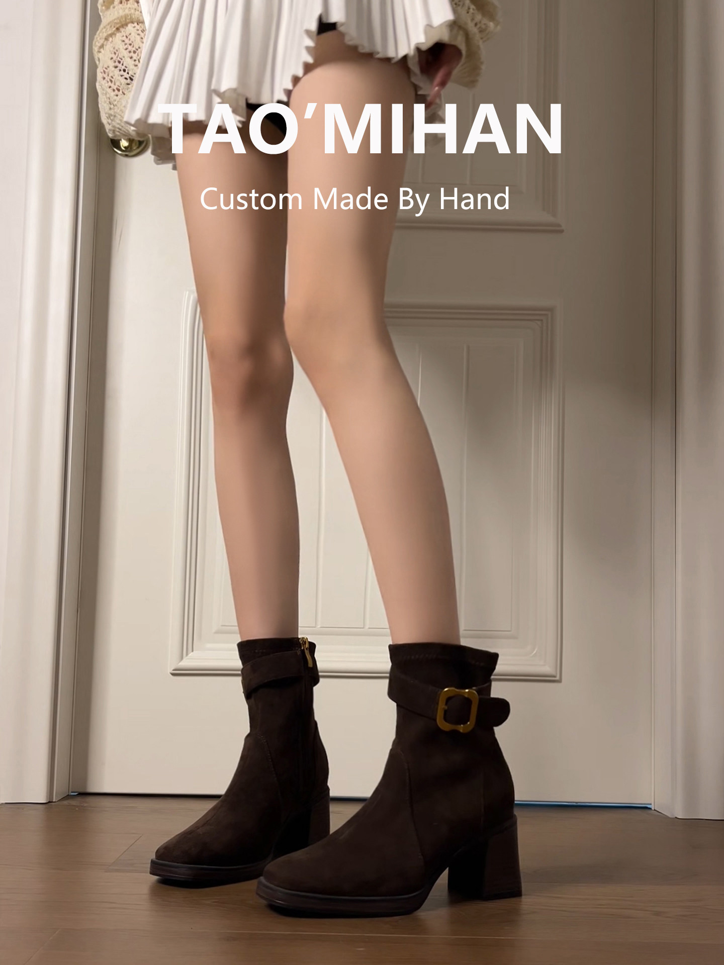 真皮辣妹法式高跟短靴女款2026新款方头小个子马丁靴粗跟瘦瘦靴子主图