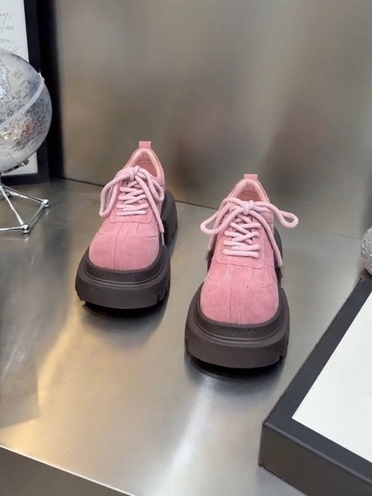 羊皮版！厚底乐福鞋女甜美少女风粉色磨砂皮系带小个子增高小皮鞋主图