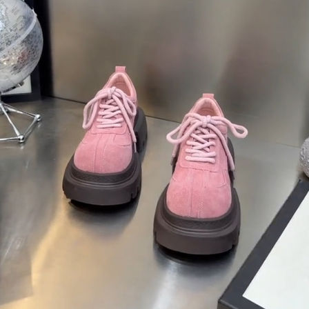 羊皮版！厚底乐福鞋女甜美少女风粉色磨砂皮系带小个子增高小皮鞋