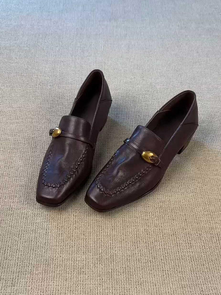 羊皮版~复古文艺休闲气质百搭显瘦粗跟乐福鞋女一脚蹬外穿小皮鞋主图