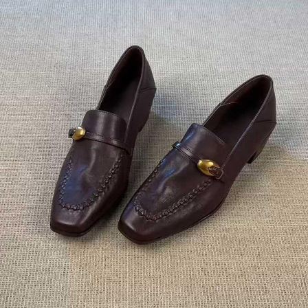 羊皮版~复古文艺休闲气质百搭显瘦粗跟乐福鞋女一脚蹬外穿小皮鞋