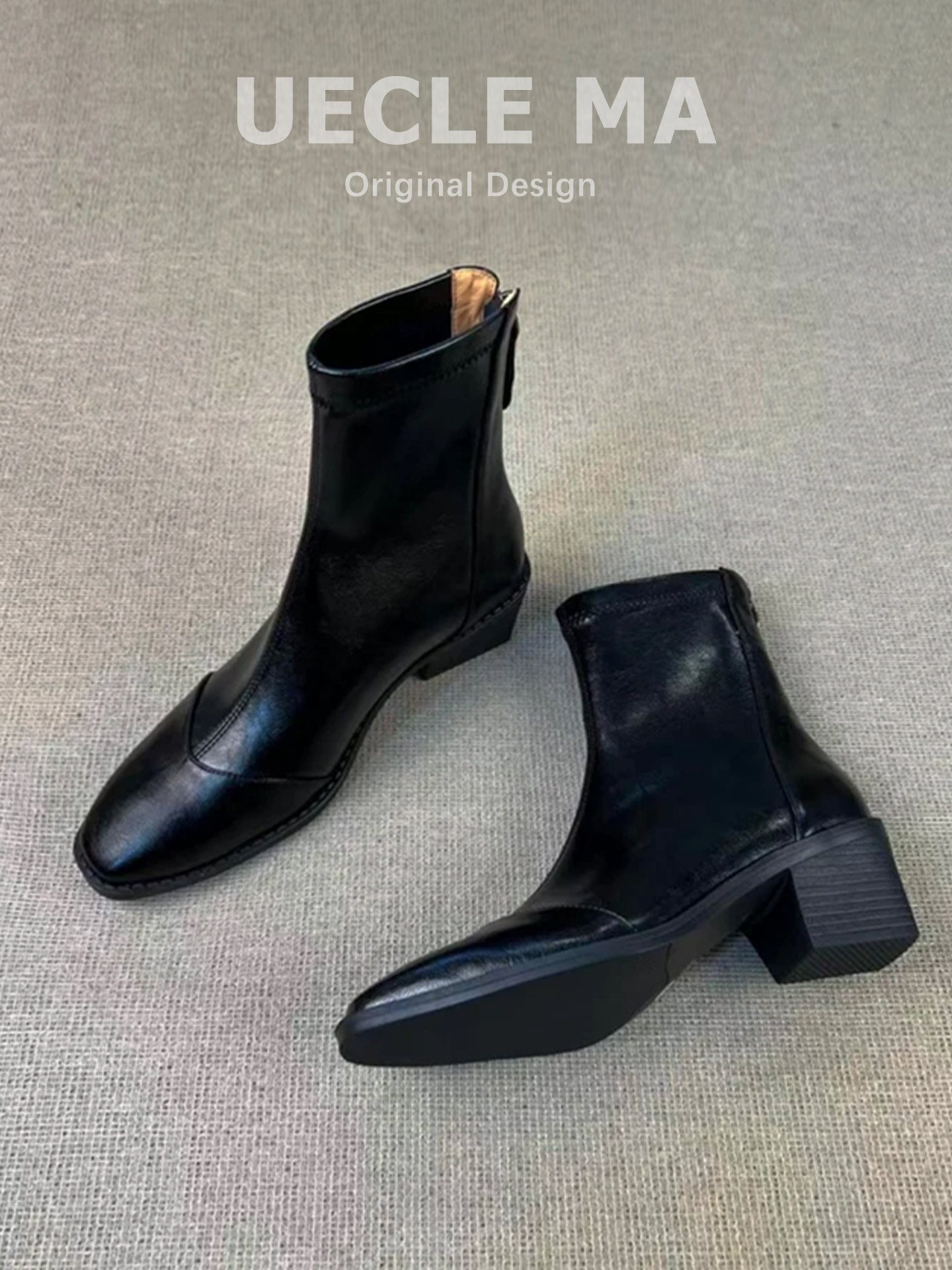 小羊皮~通勤真皮靴子~方头粗跟短靴女舒适百搭小个子中高跟瘦瘦靴主图