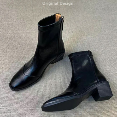 小羊皮~通勤真皮靴子~方头粗跟短靴女舒适百搭小个子中高跟瘦瘦靴