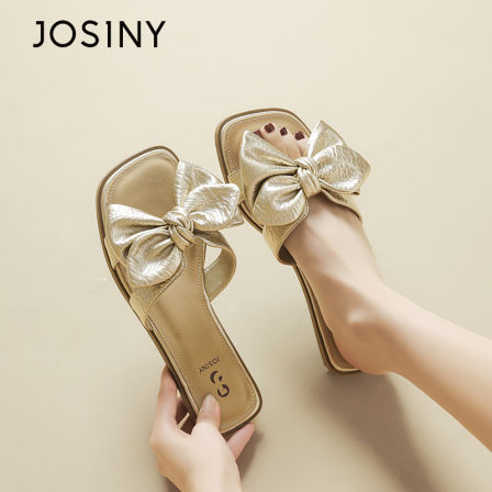 卓诗尼蝴蝶结一字拖女2026新款春夏季外穿平底方头拖鞋软底凉拖