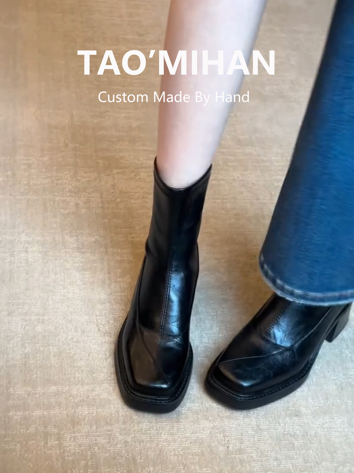 真皮法式显瘦马丁靴女2025秋冬新款方头厚底瘦瘦靴粗跟厚底短靴子主图