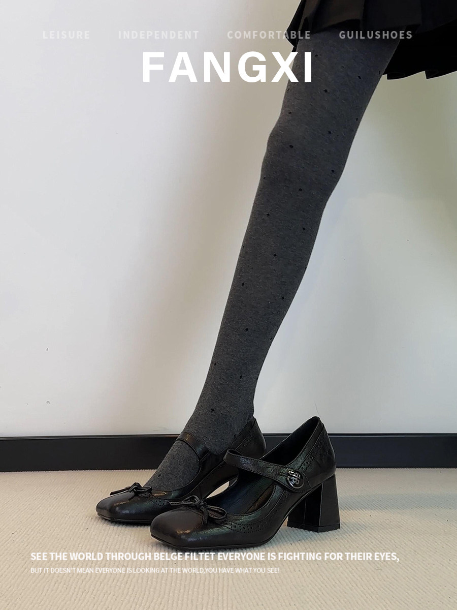 牛皮版~法式蝴蝶结方头一字扣带高跟鞋女浅口粗跟单鞋玛丽珍女鞋主图