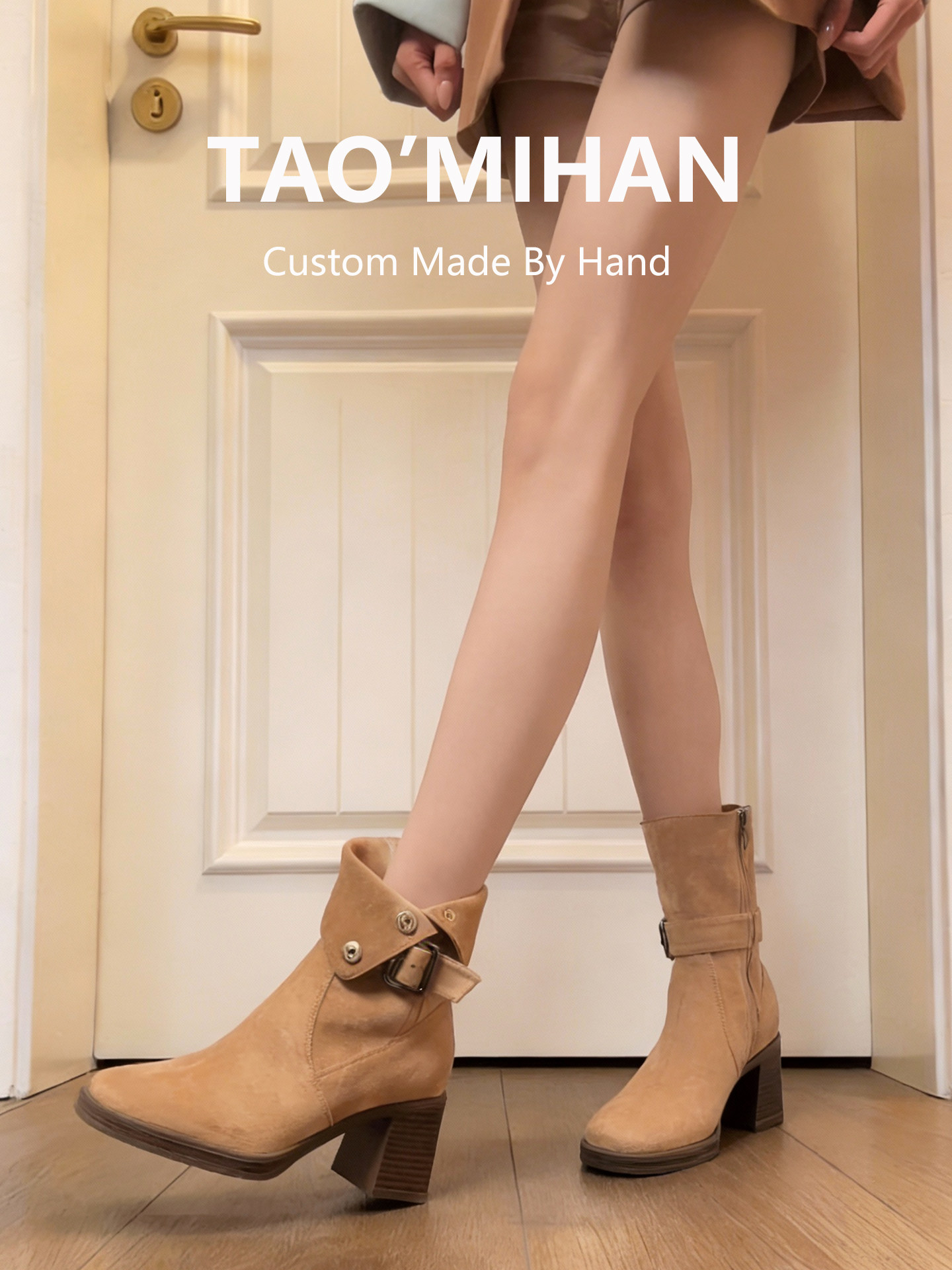 真皮显瘦小个子高跟鞋短靴女2025秋冬新款马丁靴加绒粗跟瘦瘦靴子主图