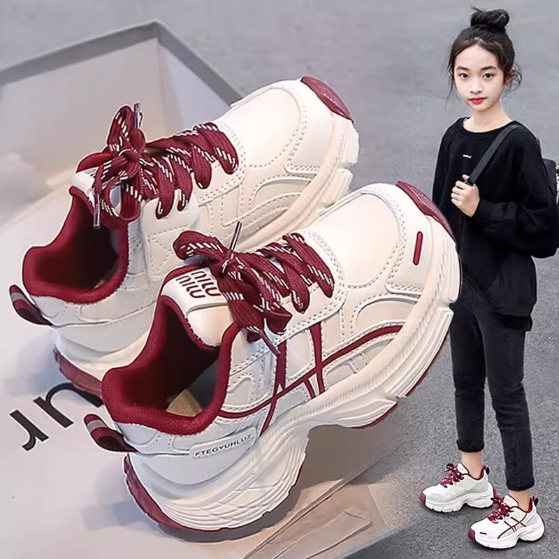 官网C&K红色女童鞋子2026春季软底儿童小白鞋皮面运动老爹鞋女孩主图