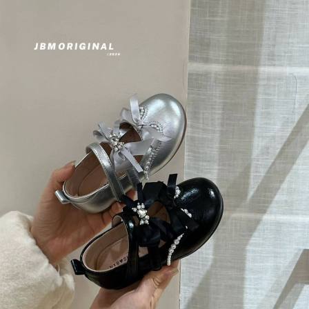 JBM儿童鞋银色蝴蝶结玛丽珍鞋女童公主鞋韩版软底浅口黑色水钻鞋
