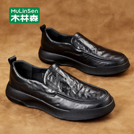 木林森休闲皮鞋男春季头层牛皮商务乐福豆豆鞋真皮软底一脚蹬男鞋