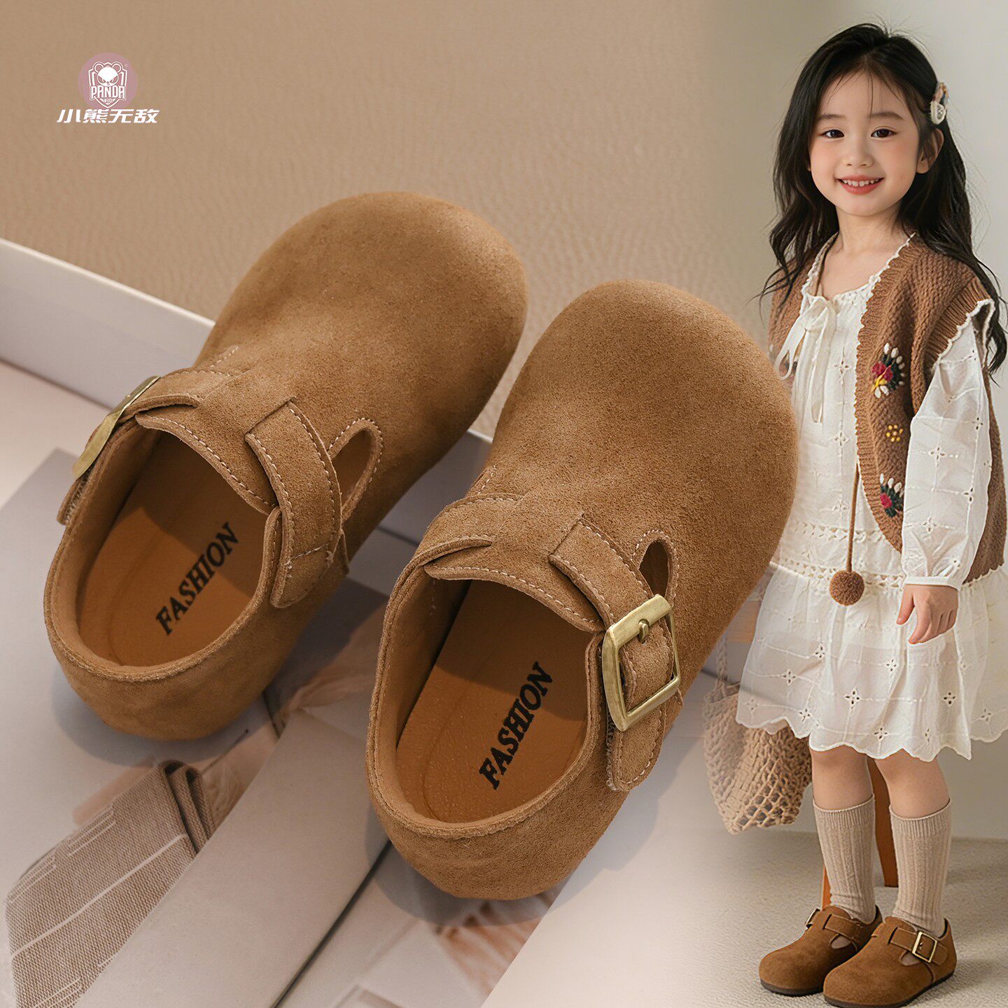 儿童真皮勃肯鞋2026春秋季新款女童软底防滑单鞋复古中小童宝宝鞋主图