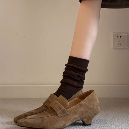 羊皮版~法式复古反绒皮乐福鞋女中跟尖头老钱风百搭气质单鞋外穿