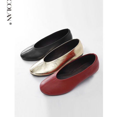 COCOLAN红色真皮软面羊皮圆头平底鞋豆豆鞋女CL1XZ3106