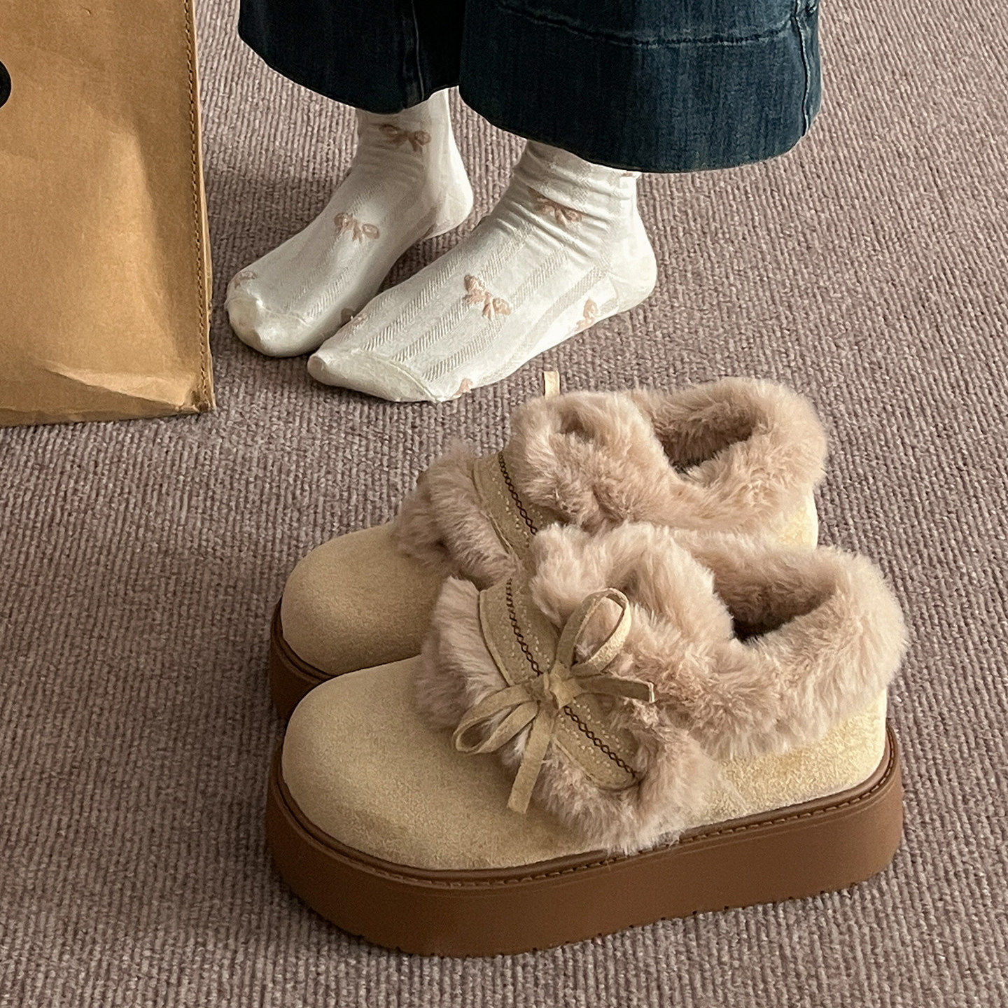 增高厚底加绒保暖勃肯鞋女2026新款冬季外穿雪地靴魔术贴毛毛棉鞋主图