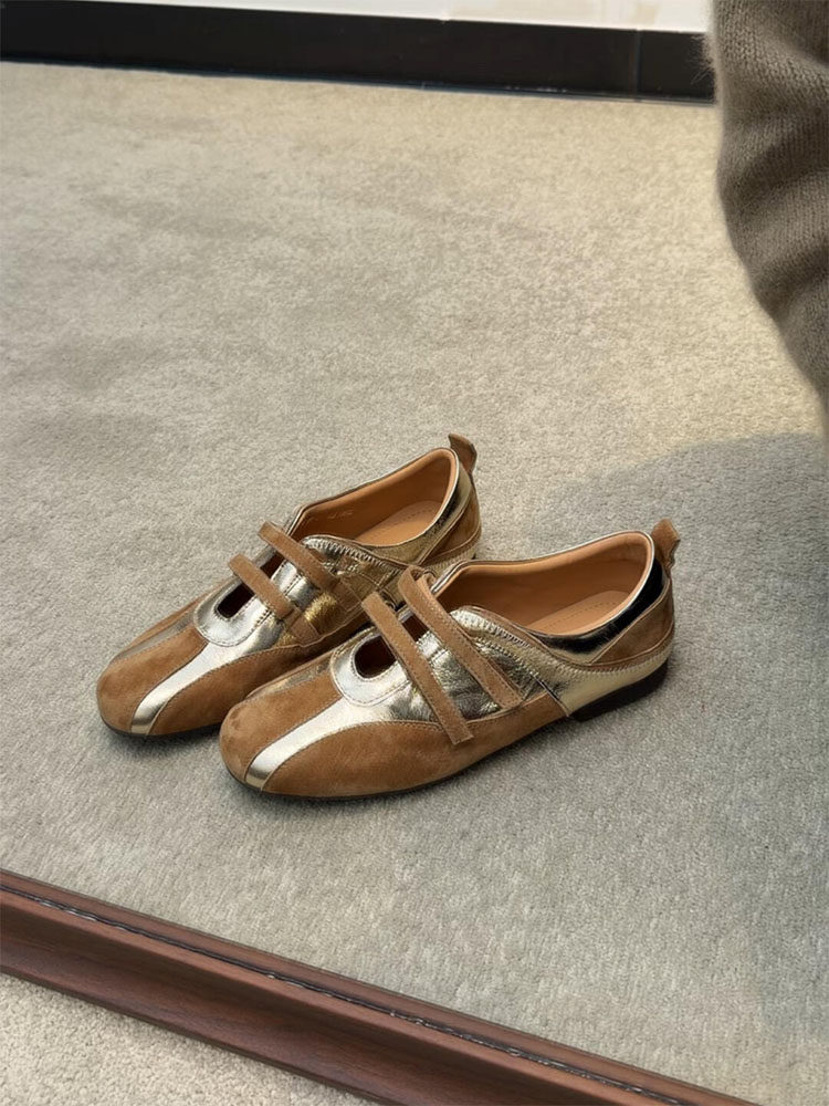 羊皮版~高级软底休闲百搭魔术贴德训鞋女方头真皮拼接深口休闲鞋主图