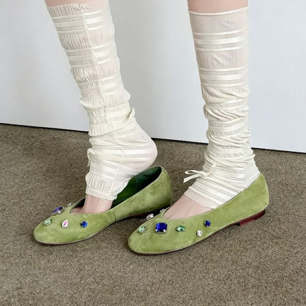 戈森定制法式水钻单鞋女2026新款绿色真皮浅口圆头平底百搭奶奶鞋