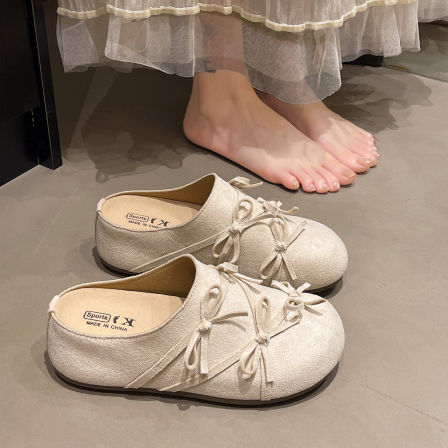 厚底内增高一脚蹬勃肯鞋女2026新款蝴蝶结系带时尚百搭包头拖女款