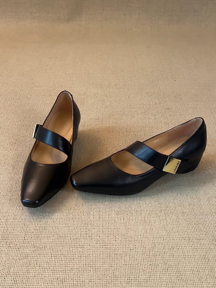 羊皮版~方头一字带金属内增高玛丽珍鞋女百搭黑色方头简约小皮鞋主图