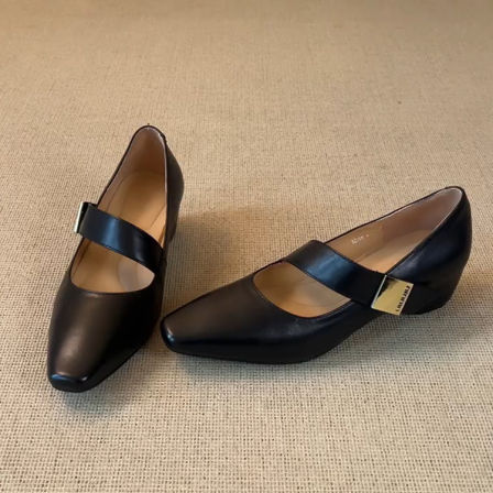 羊皮版~方头一字带金属内增高玛丽珍鞋女百搭黑色方头简约小皮鞋