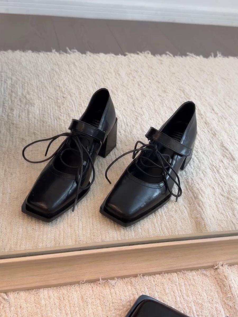 羊皮版~方头鞋优雅款浅口单鞋复古款法式高跟鞋系带魔术贴小皮鞋主图
