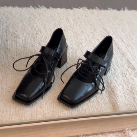 羊皮版~方头鞋优雅款浅口单鞋复古款法式高跟鞋系带魔术贴小皮鞋