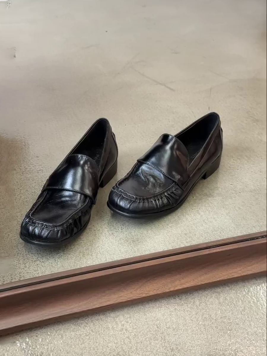 羊皮版~浅口方头通勤褶皱韩式乐福鞋橡胶底纯色新款百搭浅口单鞋主图