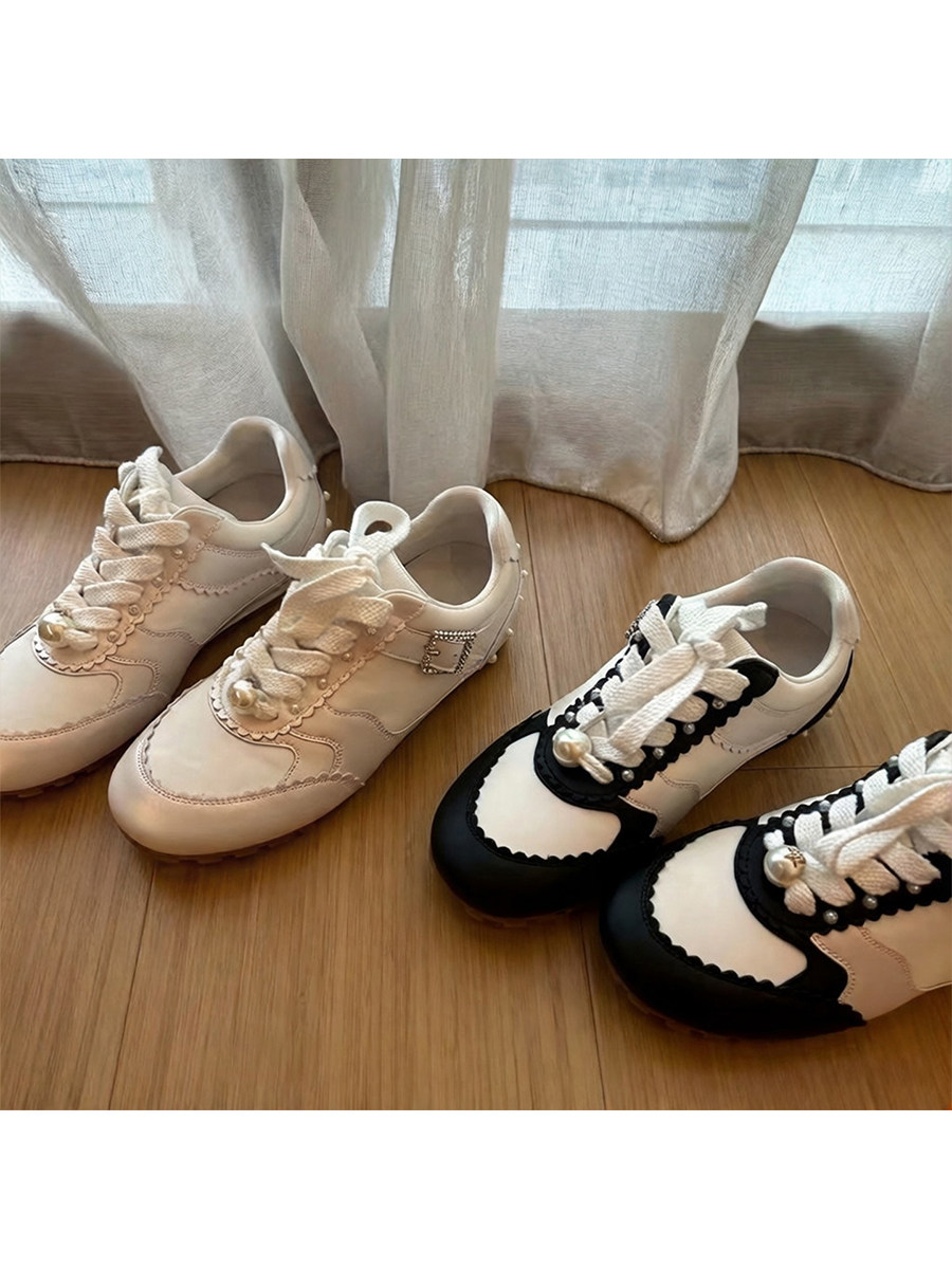 牛皮版~法式珍珠拼色内增高德训鞋百搭花边小白鞋女休闲阿甘板鞋主图
