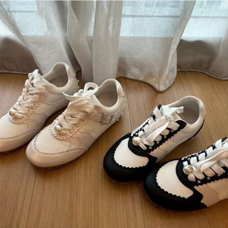 牛皮版~法式珍珠拼色内增高德训鞋百搭花边小白鞋女休闲阿甘板鞋